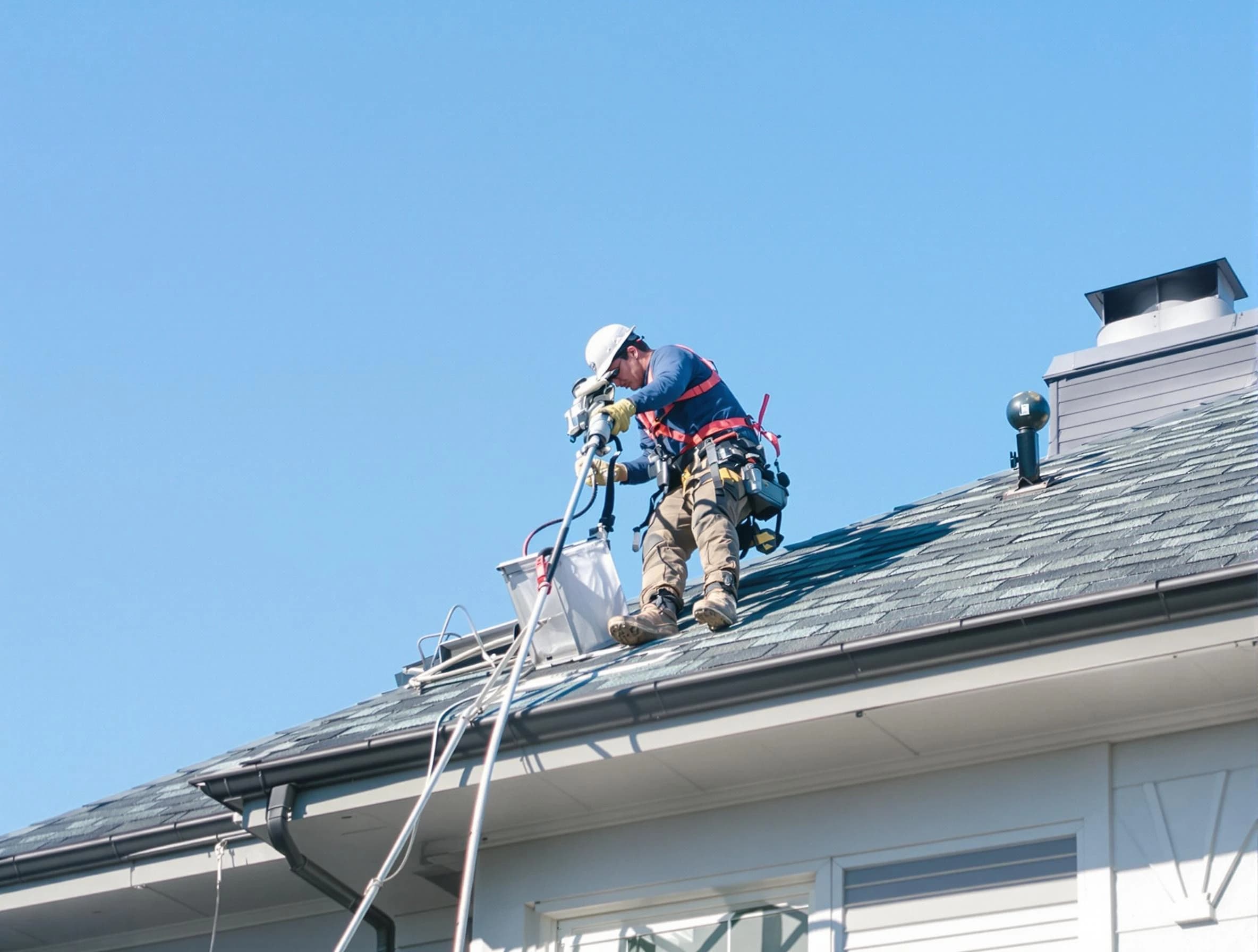 Decatur Dryer Vent Cleaning certified technician cleaning a roof-mounted dryer vent system in Decatur
