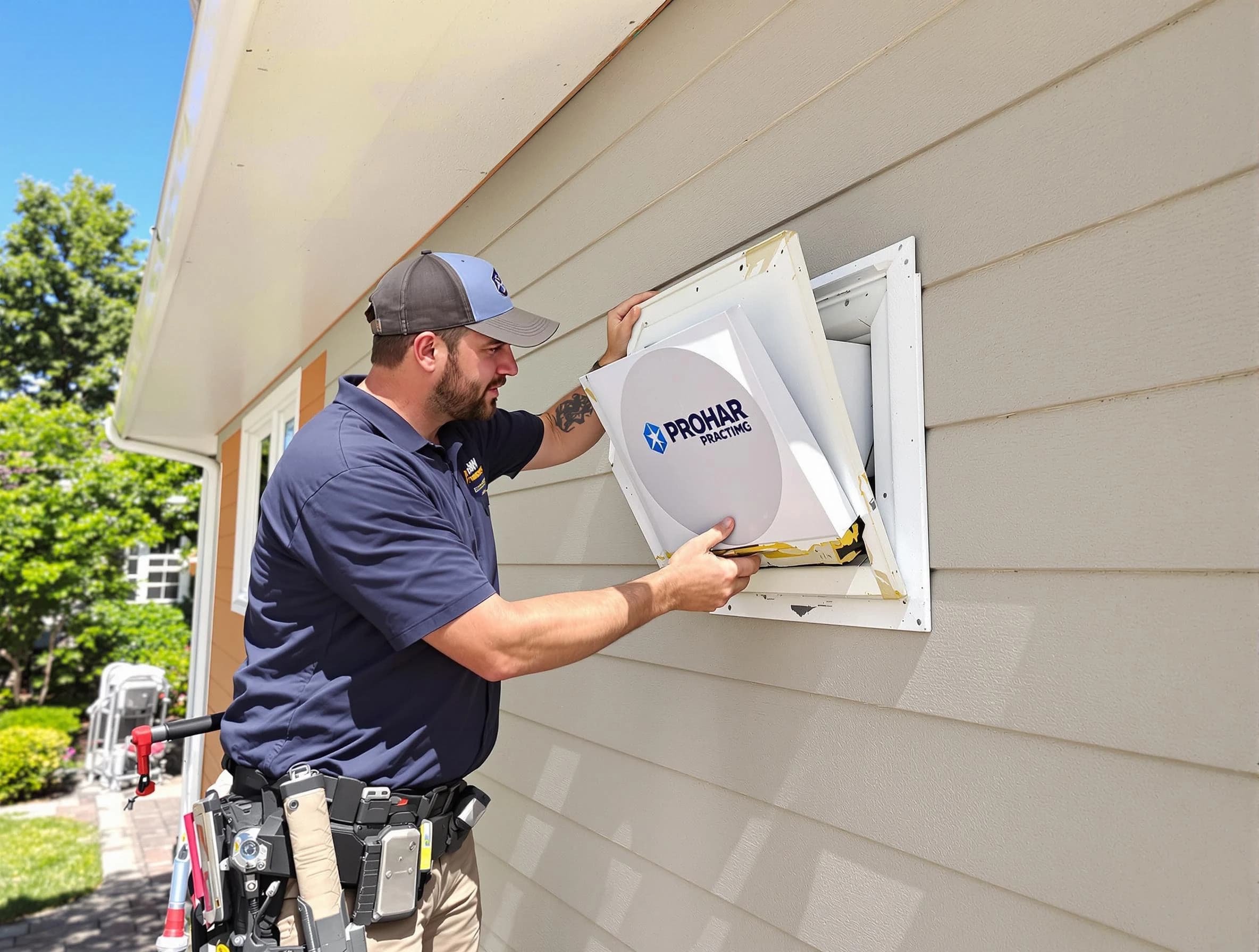 Decatur Dryer Vent Cleaning technician installing a new protective dryer vent cover on a home in Decatur