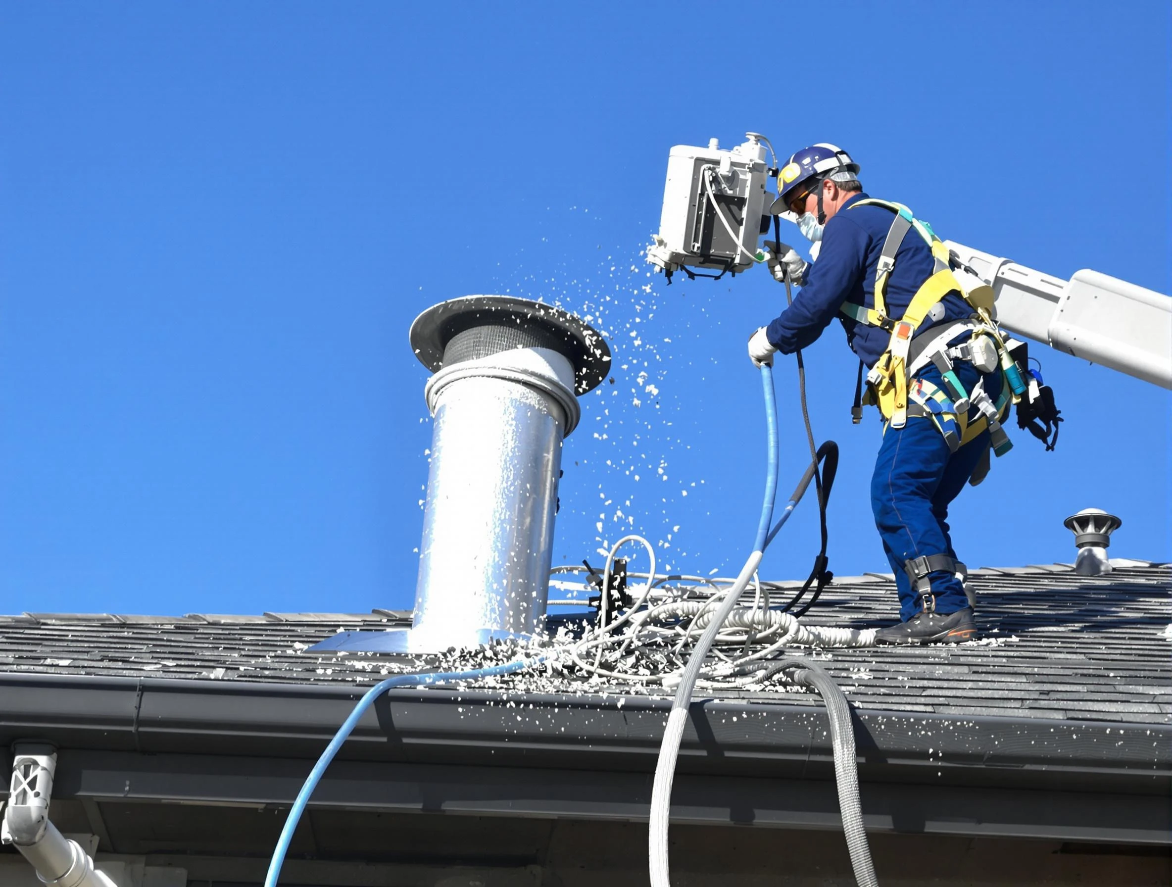 Decatur Dryer Vent Cleaning certified technician safely cleaning a roof-mounted dryer vent in Decatur